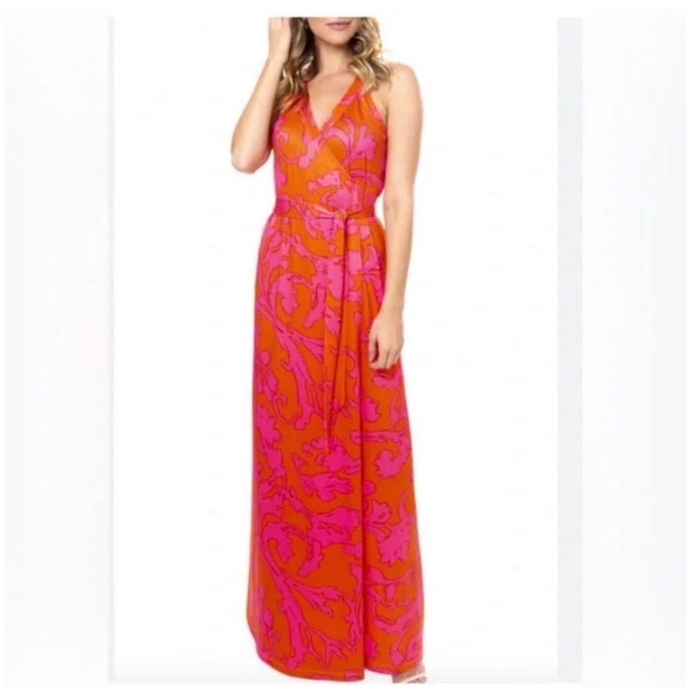 Sleeveless V-Neck Orange & Pink Printed Maxi Dress